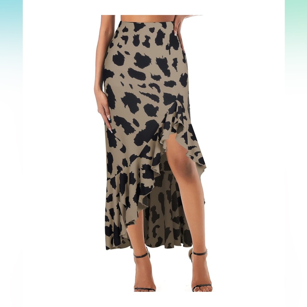 Women's Skirt Midi Length Ruffles Trim High Split Thigh Animal Printed Skirts